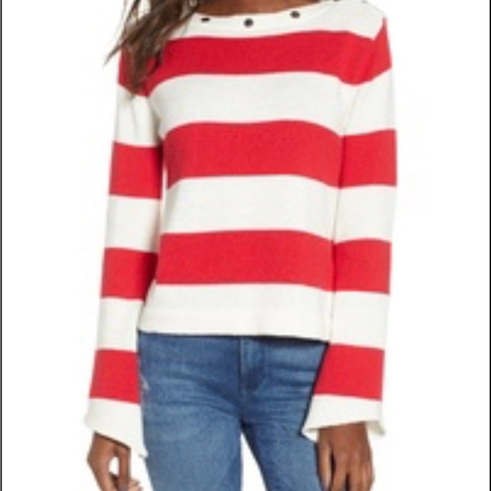 LIRA Red White Striped Boat Neck Button Shoulder Long‎ Sleeve Sweater Top Size S